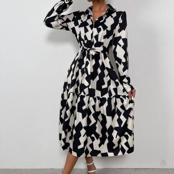 Black & white Geometric Pattern Belted Shirt Dress - Picture 9 of 9